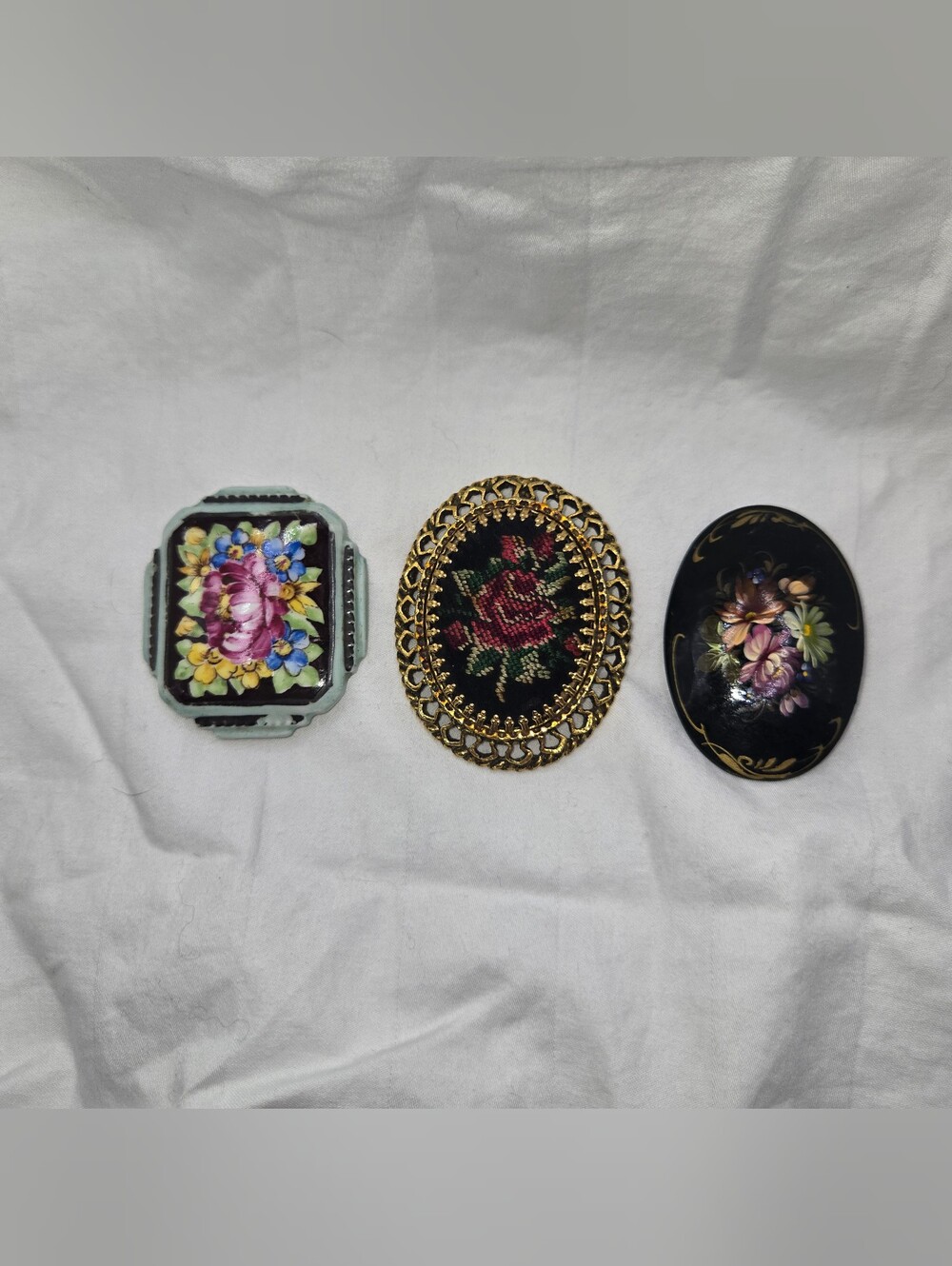 Vintage Floral Needlepoint and Porcelain Brooch Set - Pink Floral Accents